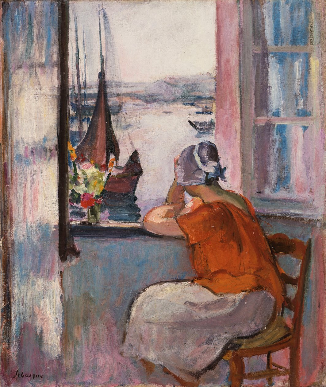 Młoda dziewczyna przy oknie naprzeciw wyspy Yeu, autorstwa Henri Lebasque