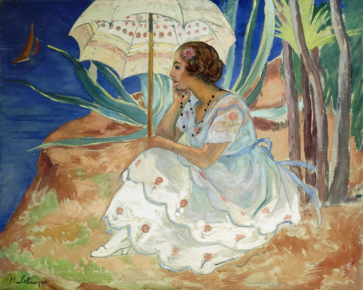 Młoda kobieta z parasolem, święty Maxime; Młoda dziewczyna z parasolem Saint-Maxime, ok. 1918 r. autorstwa Henri Lebasque
