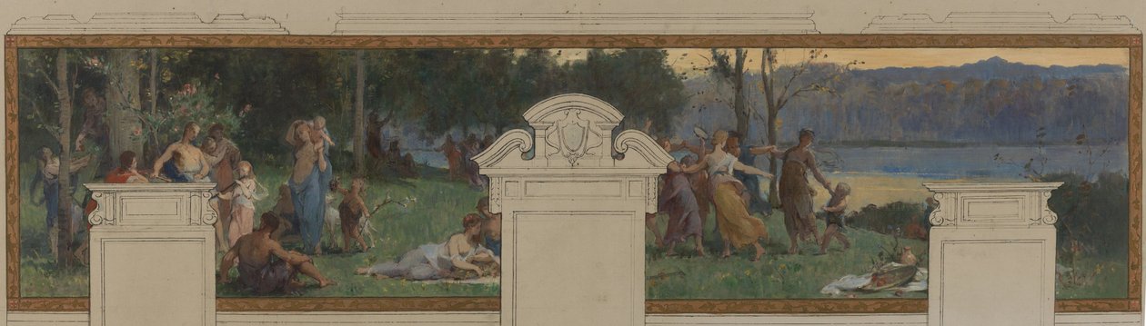 Szkic ratusza w Pantin: Alegorie kanału Ourcq, praca i nawigacja - Fête champêtre (sufit i panel ścienny) autorstwa Henri Leopold Levy