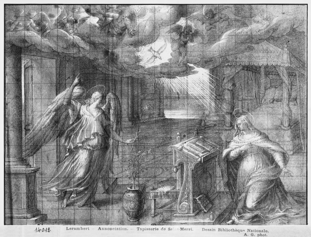 Żywot Chrystusa, Zwiastowanie, studium przygotowawcze do karykatury gobelinu dla kościoła Saint-Merri w Paryżu, ok. 1585-90 (pierre noire i wash oraz białe paski na papierze) autorstwa Henri Lerambert