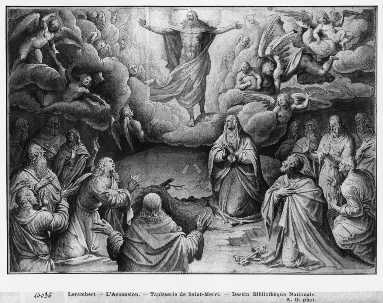 Żywot Chrystusa, Wniebowstąpienie, studium przygotowawcze do karykatury gobelinu dla kościoła Saint-Merri w Paryżu, ok. 1585-90 (papier, płótno, wash i białe paski) autorstwa Henri Lerambert