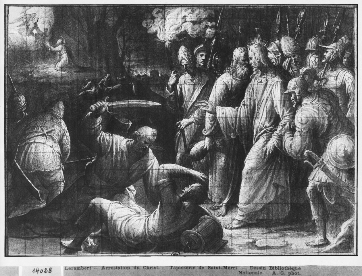 Życie Chrystusa, aresztowanie Chrystusa, studium przygotowawcze do rysowania gobelinu dla kościoła Saint-Merri w Paryżu, ok. 1585-90 (pierre noire und wash und white highlights na papierze) autorstwa Henri Lerambert