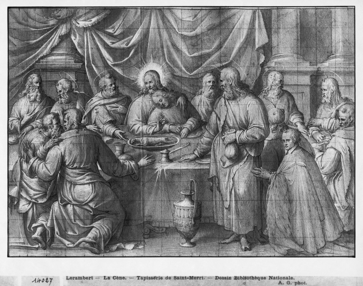 Życie Chrystusa, Ostatnia Wieczerza, studium przygotowawcze do rysowania gobelinu dla kościoła Saint-Merri w Paryżu, ok. 1585-90 (pierre noire und wash und white highlights na papierze) autorstwa Henri Lerambert