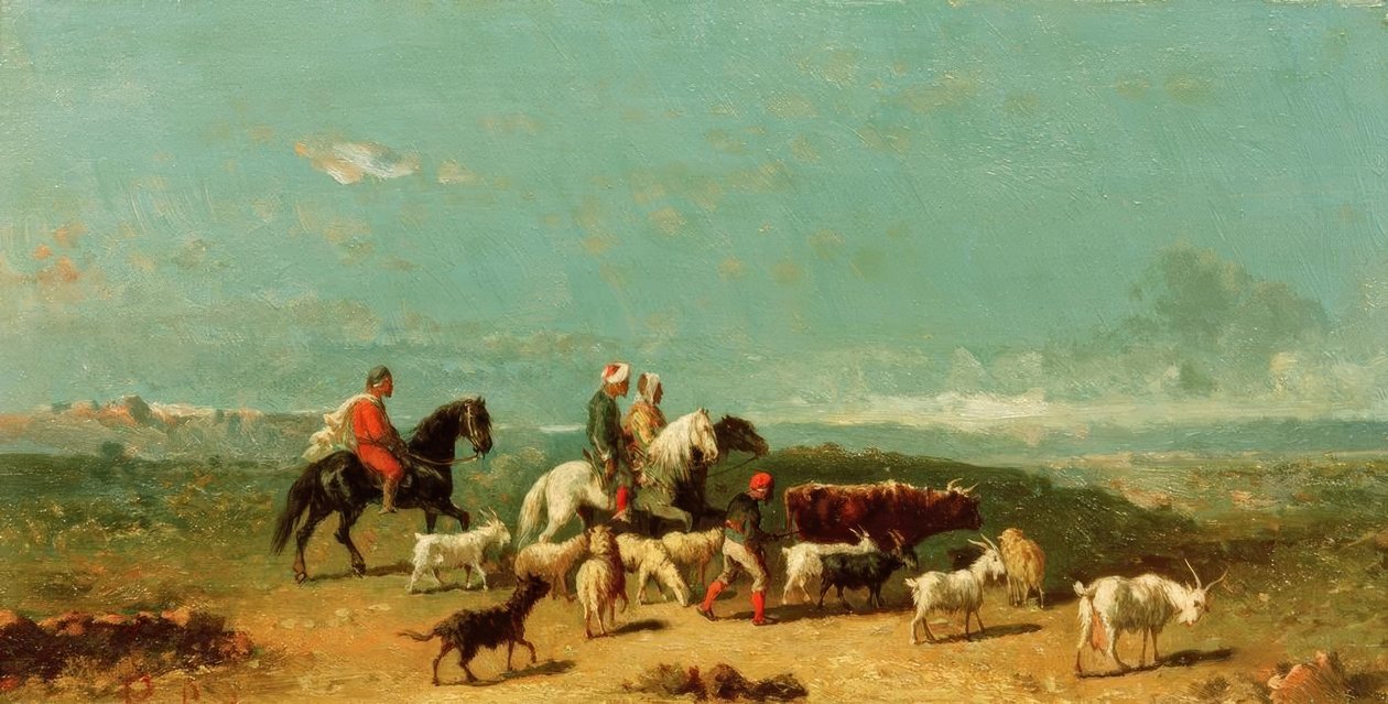 Arabska grupa jeźdźców z pasterzem kóz w szerokiej Lan autorstwa Henri Lucien Robert