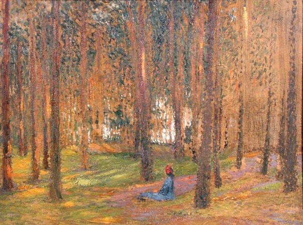 Piechur siedzący w lesie, ok. 1890 (olej na pokładzie) autorstwa Henri Martin
