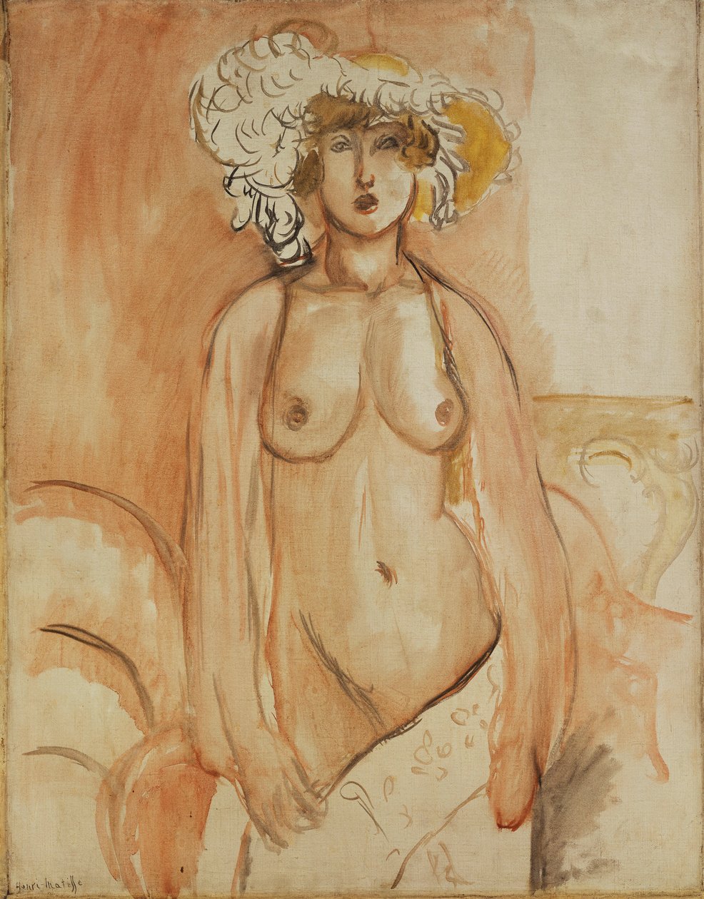 Antoinette Standing, Torso Bared, Wearing a Feather Hat, ok. 1918 (olej na płótnie) autorstwa Henri Matisse