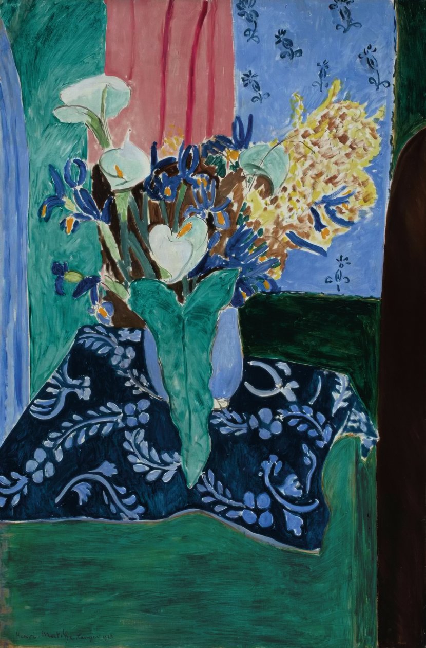 Arums, Iris i Mimosas (Kwiaty w niebieskim wazonie na niebieskim obrusie) autorstwa Henri Matisse