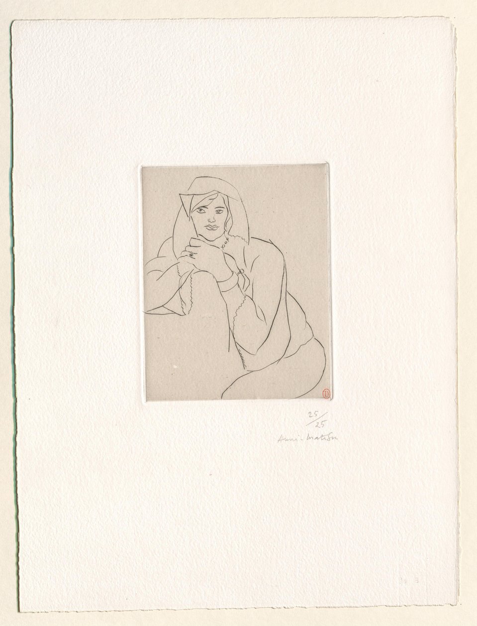 Młoda kobieta z dłońmi złożonymi na oparciu mebla autorstwa Henri Matisse