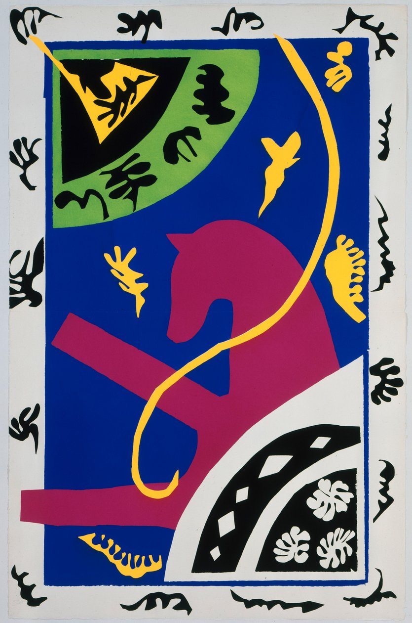 Koń, jeźdźczyni i klaun. Z albumu „Jazz”. Tablica V, str. 34 autorstwa Henri Matisse