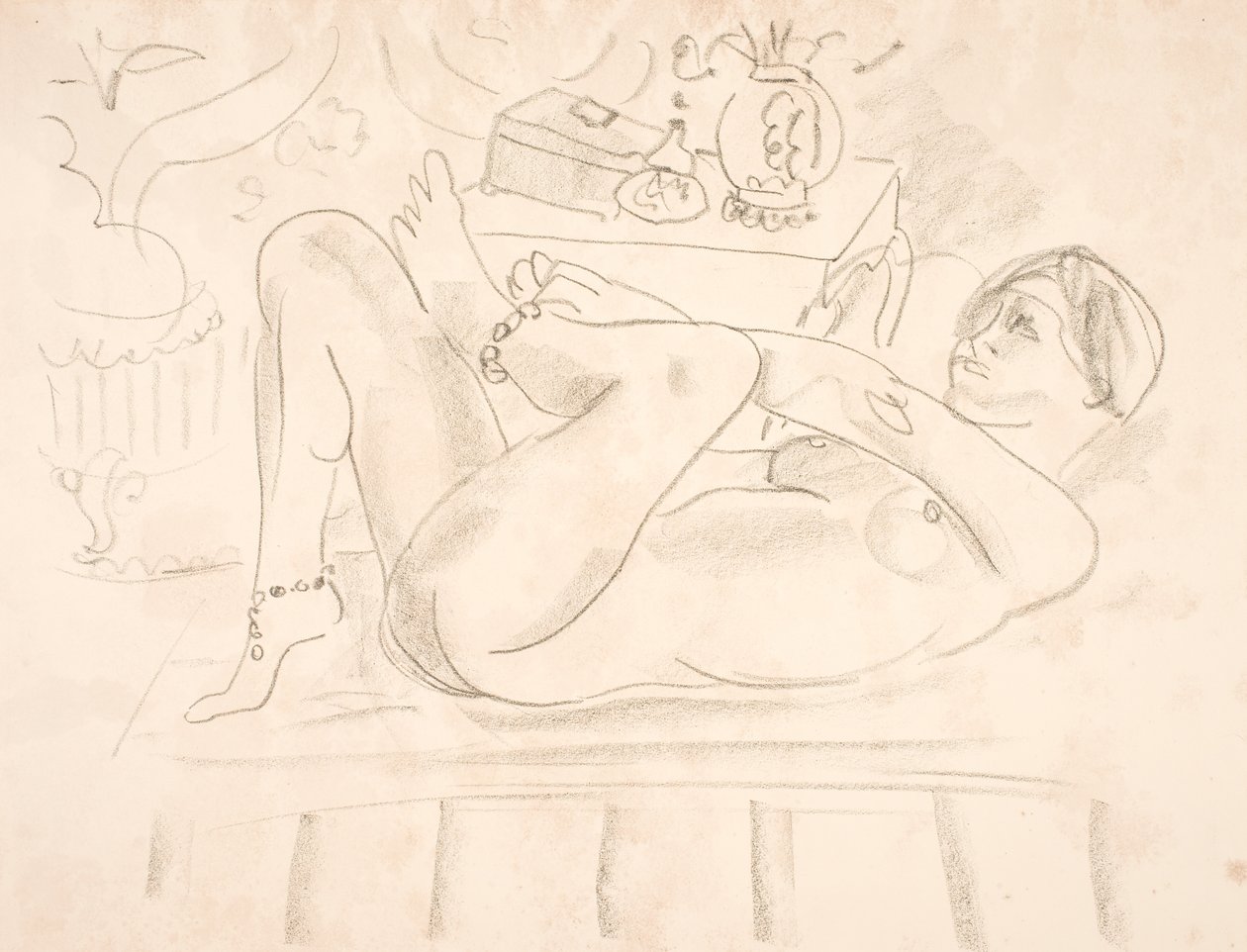 Naga kobieta leżąca na plecach z naszyjnikami z pereł wokół kostek (odaliska) autorstwa Henri Matisse