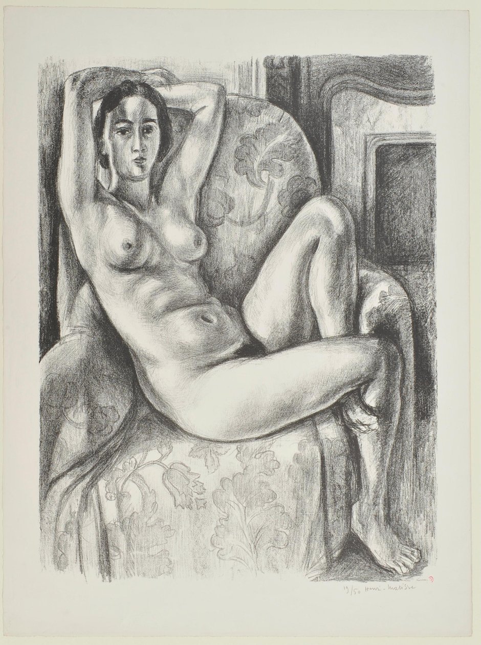 Akt z niebieską poduszką obok kominka autorstwa Henri Matisse