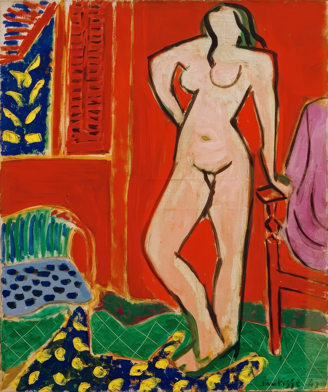 Nude w kolorze różowym, czerwone wnętrze autorstwa Henri Matisse