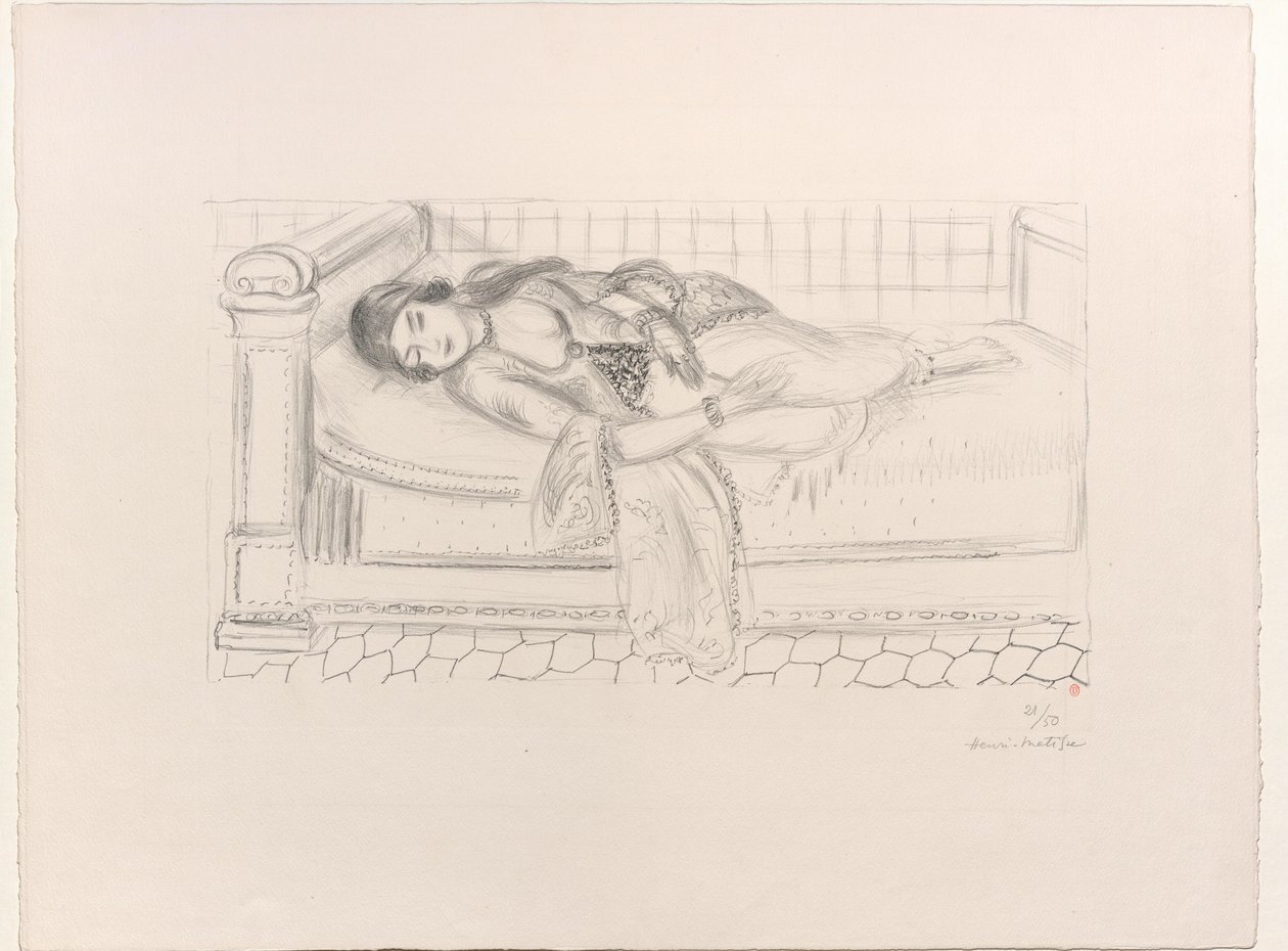 Kobieta z Bliskiego Wschodu na leżance, podłoga wyłożona czerwonymi kafelkami autorstwa Henri Matisse