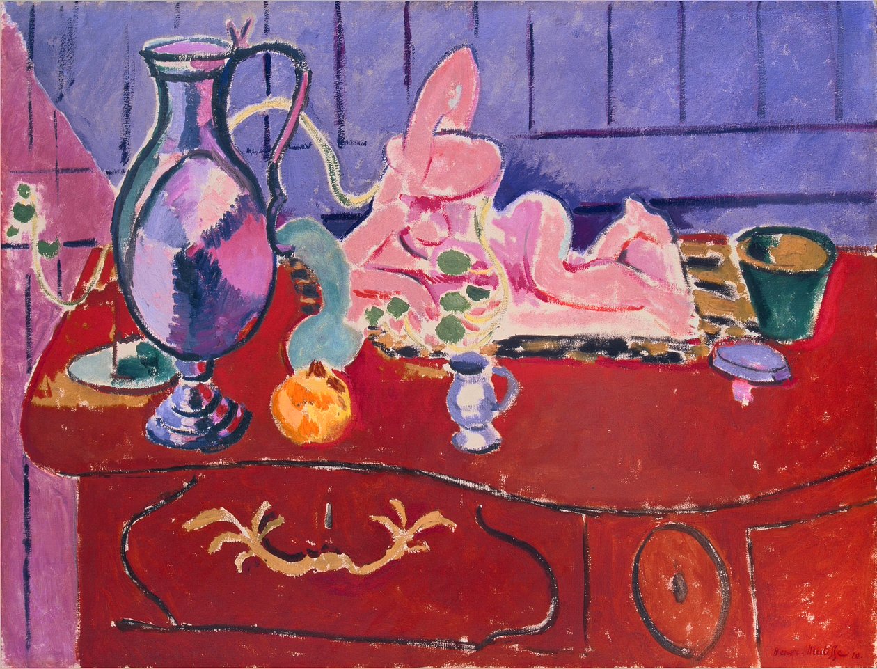 Różowa statuetka i dzbanek na czerwonej komodzie autorstwa Henri Matisse