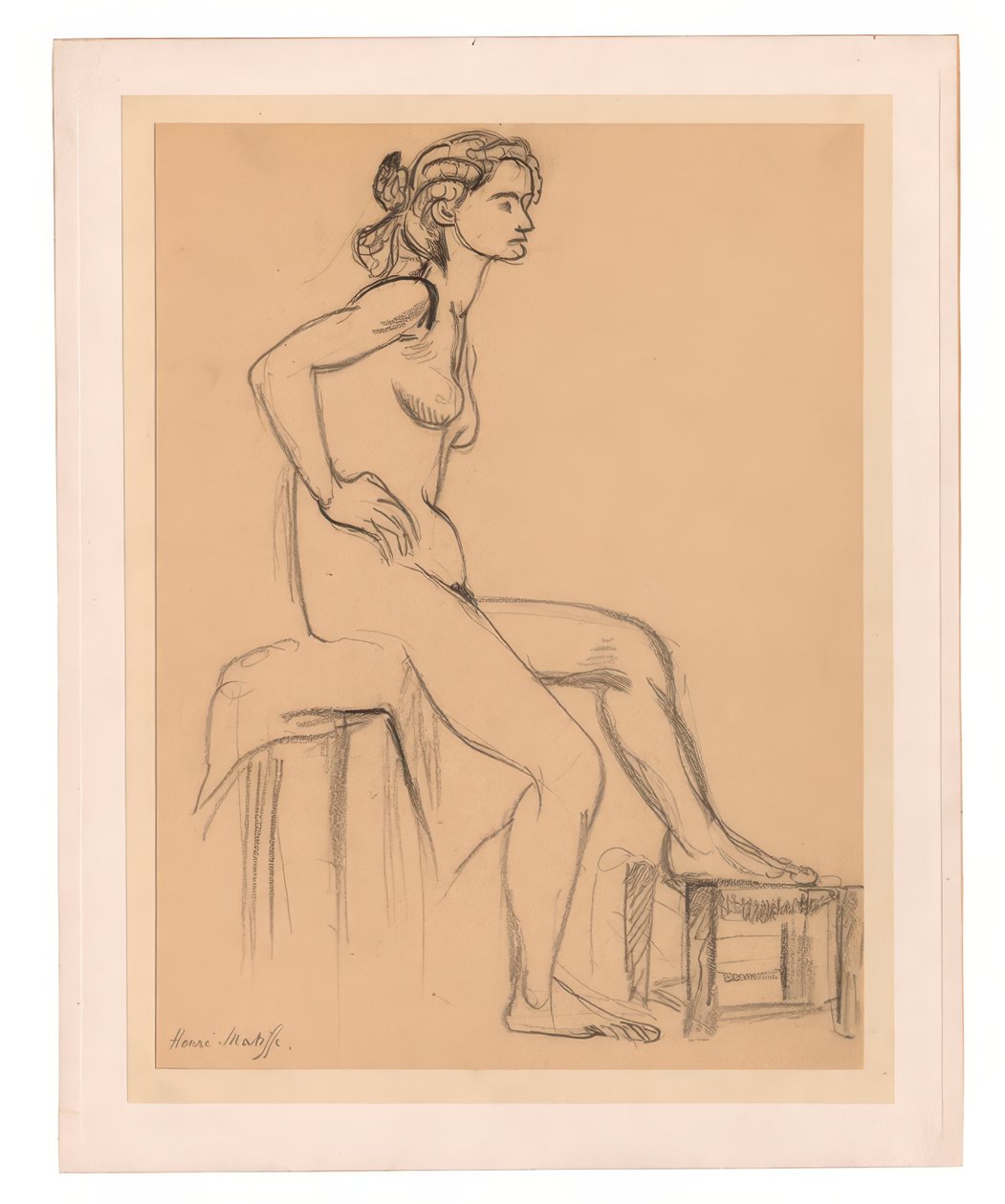 Akt kobiecy w pozycji siedzącej, jedna noga na stołku autorstwa Henri Matisse