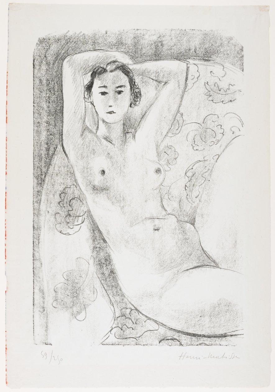 Akt siedzący w fotelu z kwiatową dekoracją autorstwa Henri Matisse