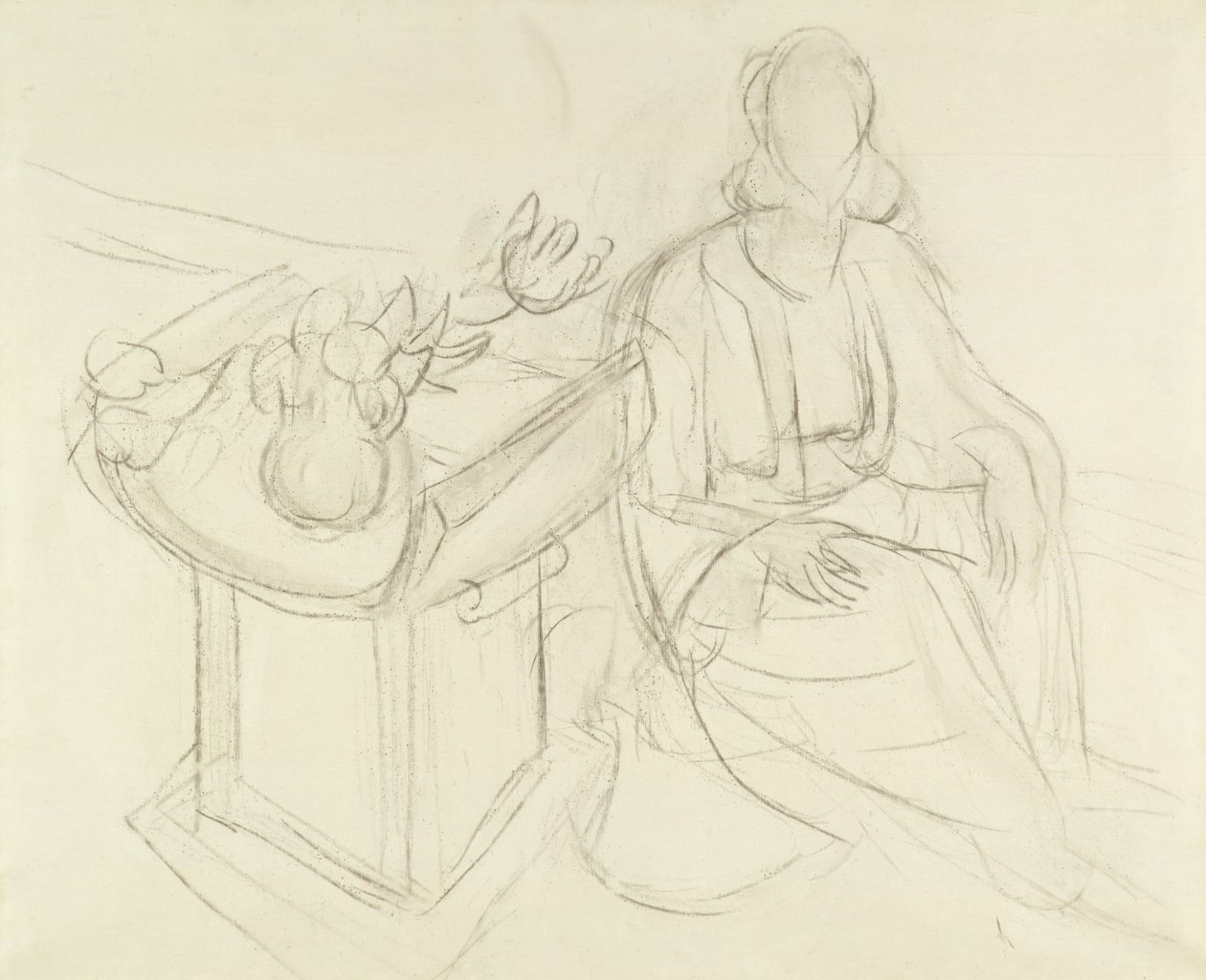 Siedząca kobieta - martwa natura z kwiatami na stole (węgiel na płótnie) autorstwa Henri Matisse