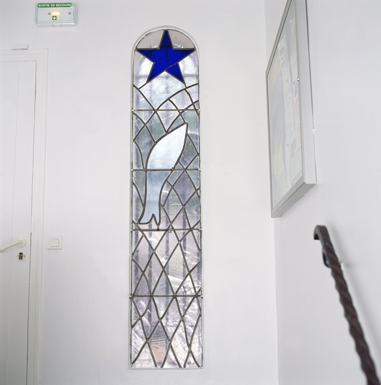 Witraż przedstawiający rybę złapaną w sieć pod Gwiazdą Zbawienia, ze schodów prowadzących do Kaplicy Różańcowej autorstwa Henri Matisse