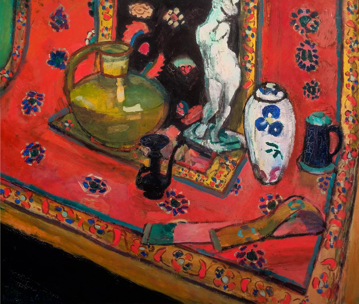 Statuetka i wazony na orientalnym dywanie autorstwa Henri Matisse