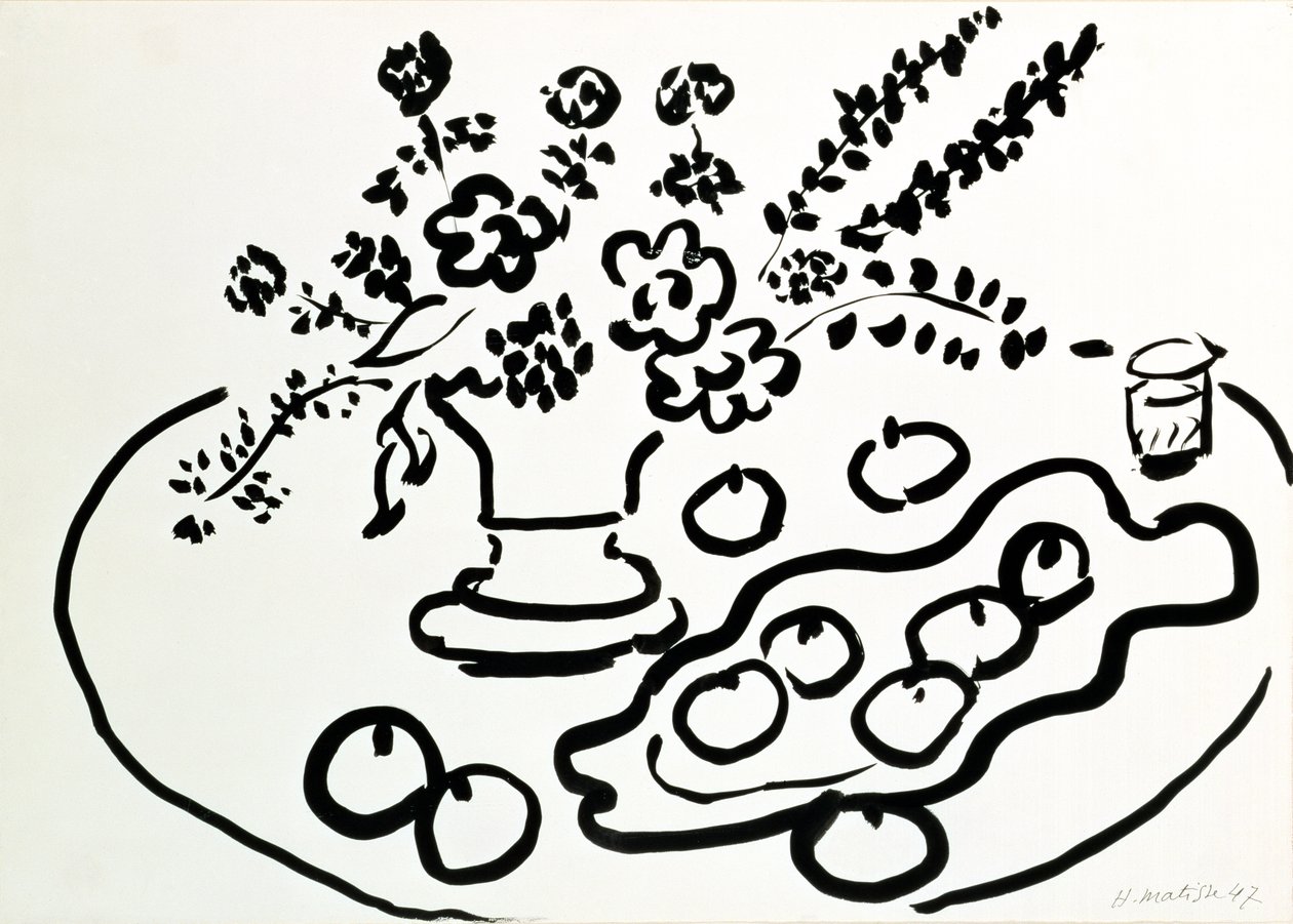 Martwa natura z wazonem kwiatów i talerzem owoców autorstwa Henri Matisse
