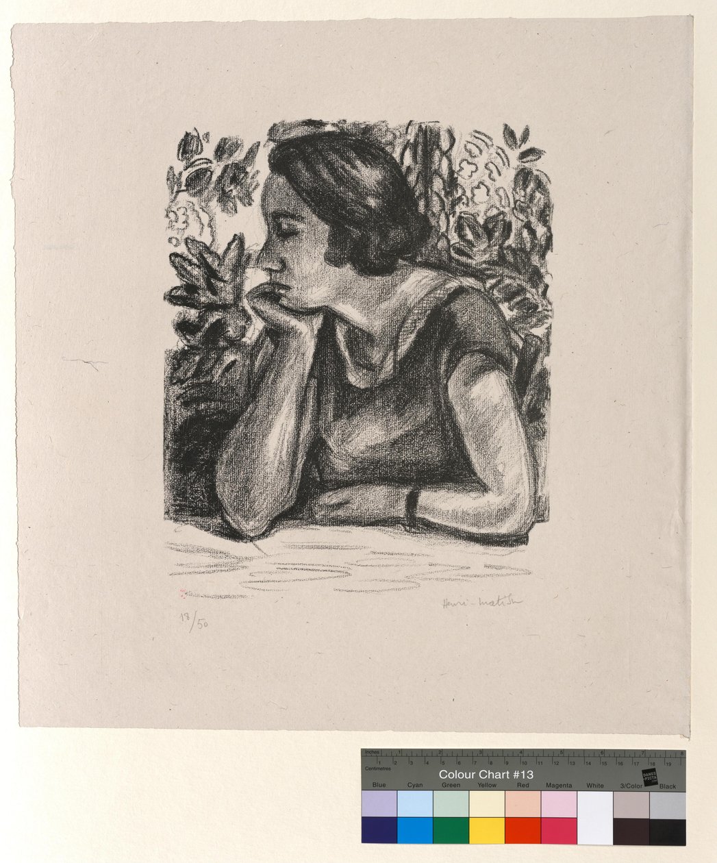 Twarz z profilu oparta na ramieniu, parawan w stylu Ludwika XIV autorstwa Henri Matisse