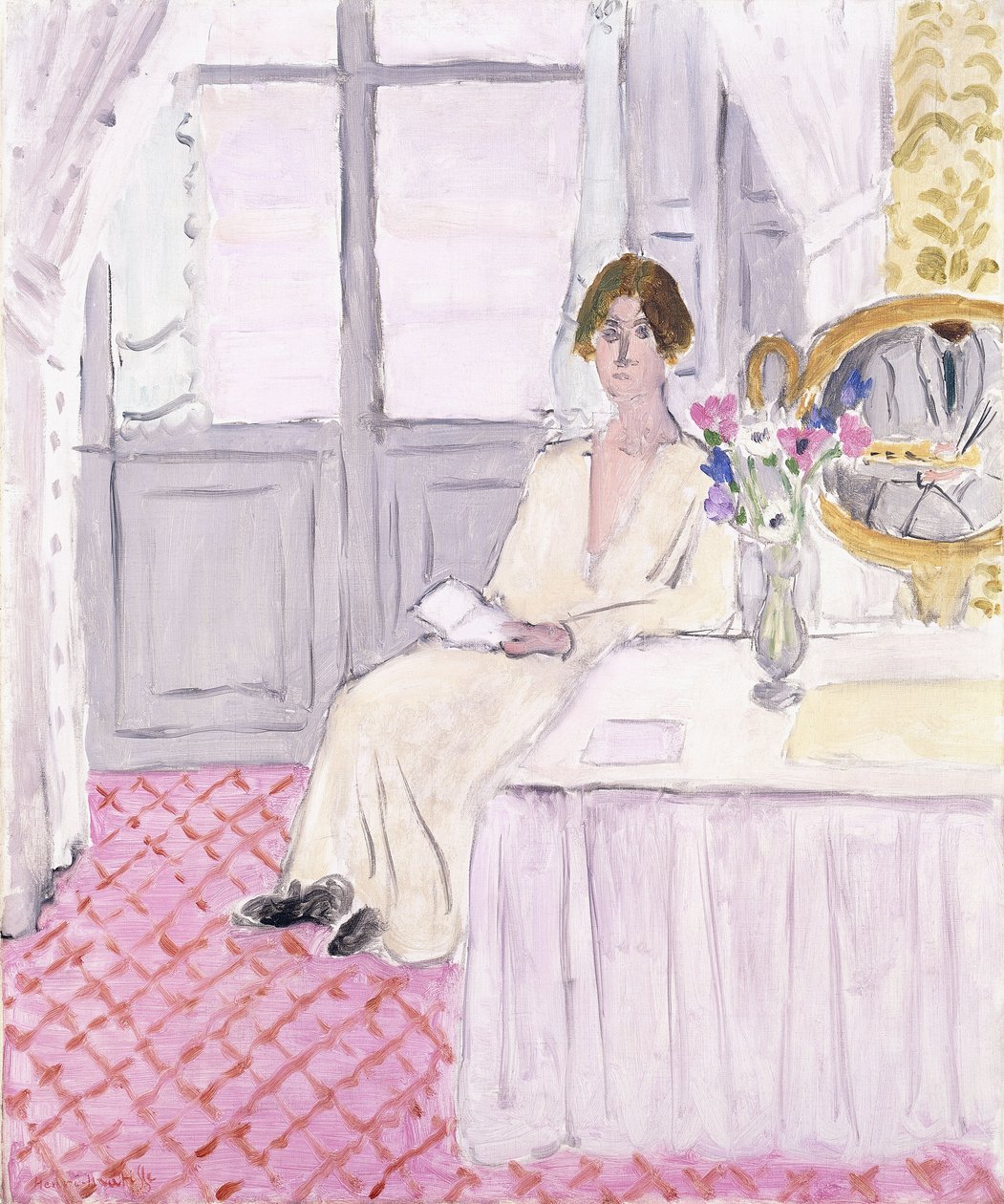 Kobieta czytająca przed stołem z bukietem, Nicea autorstwa Henri Matisse