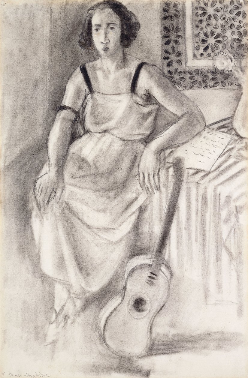 Kobieta siedząca z gitarą, ok. 1921-23 (węgiel na papierze) autorstwa Henri Matisse