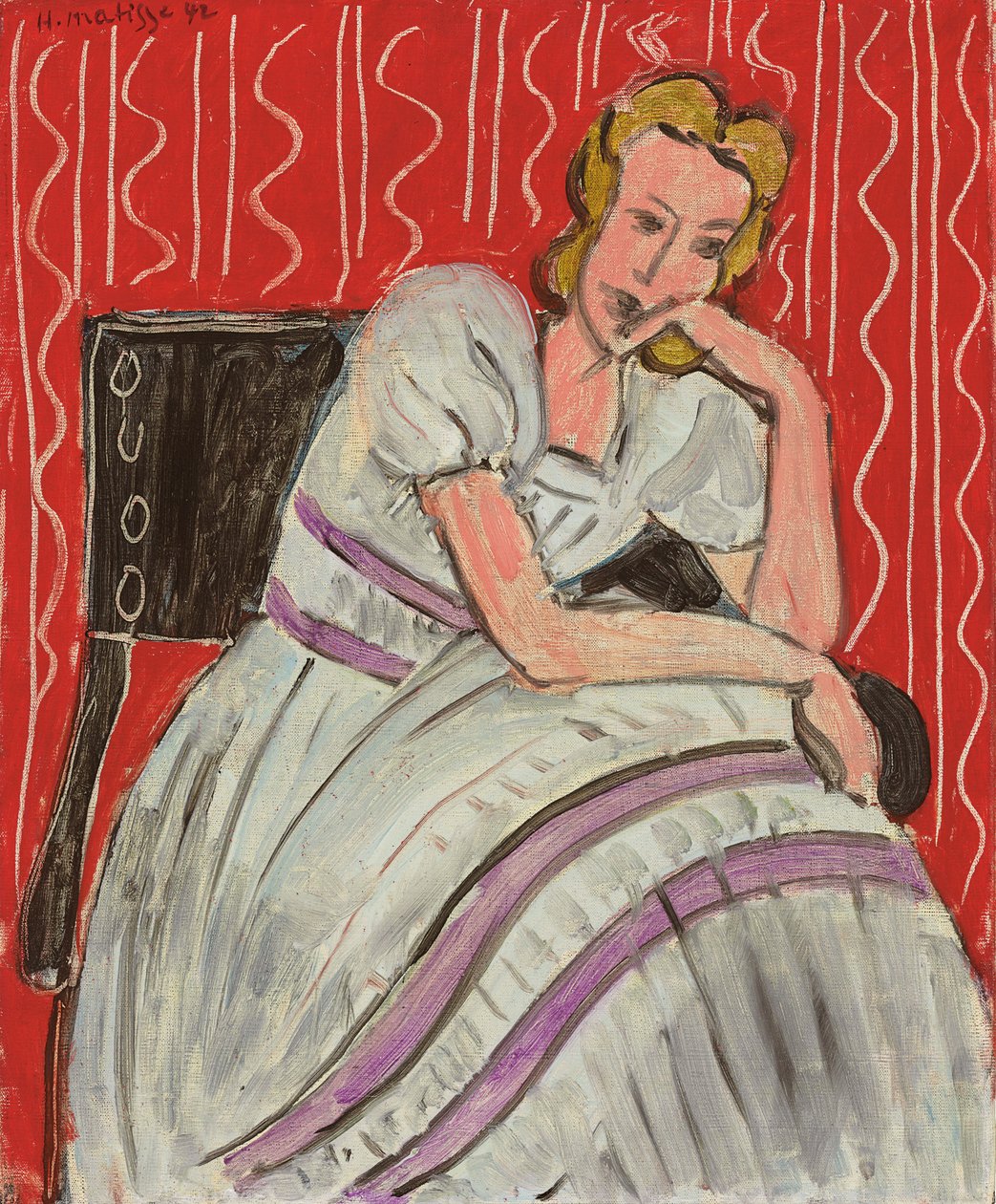 Młoda kobieta siedząca w szarej sukience autorstwa Henri Matisse