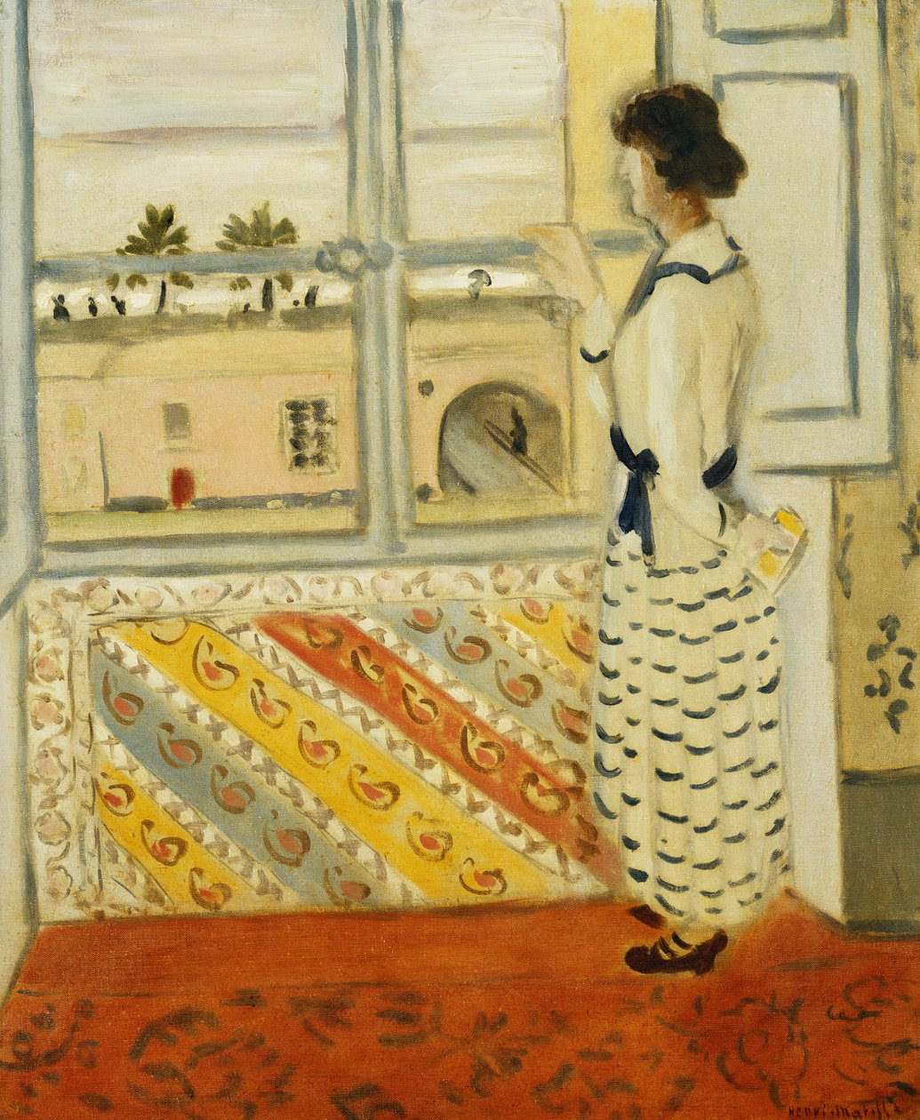 Młoda kobieta przy oknie, niebieska sukienka w paski autorstwa Henri Matisse