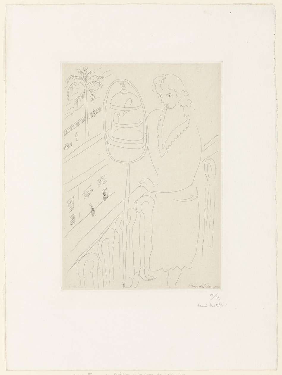 Młoda kobieta na balkonie patrząca na papużki autorstwa Henri Matisse