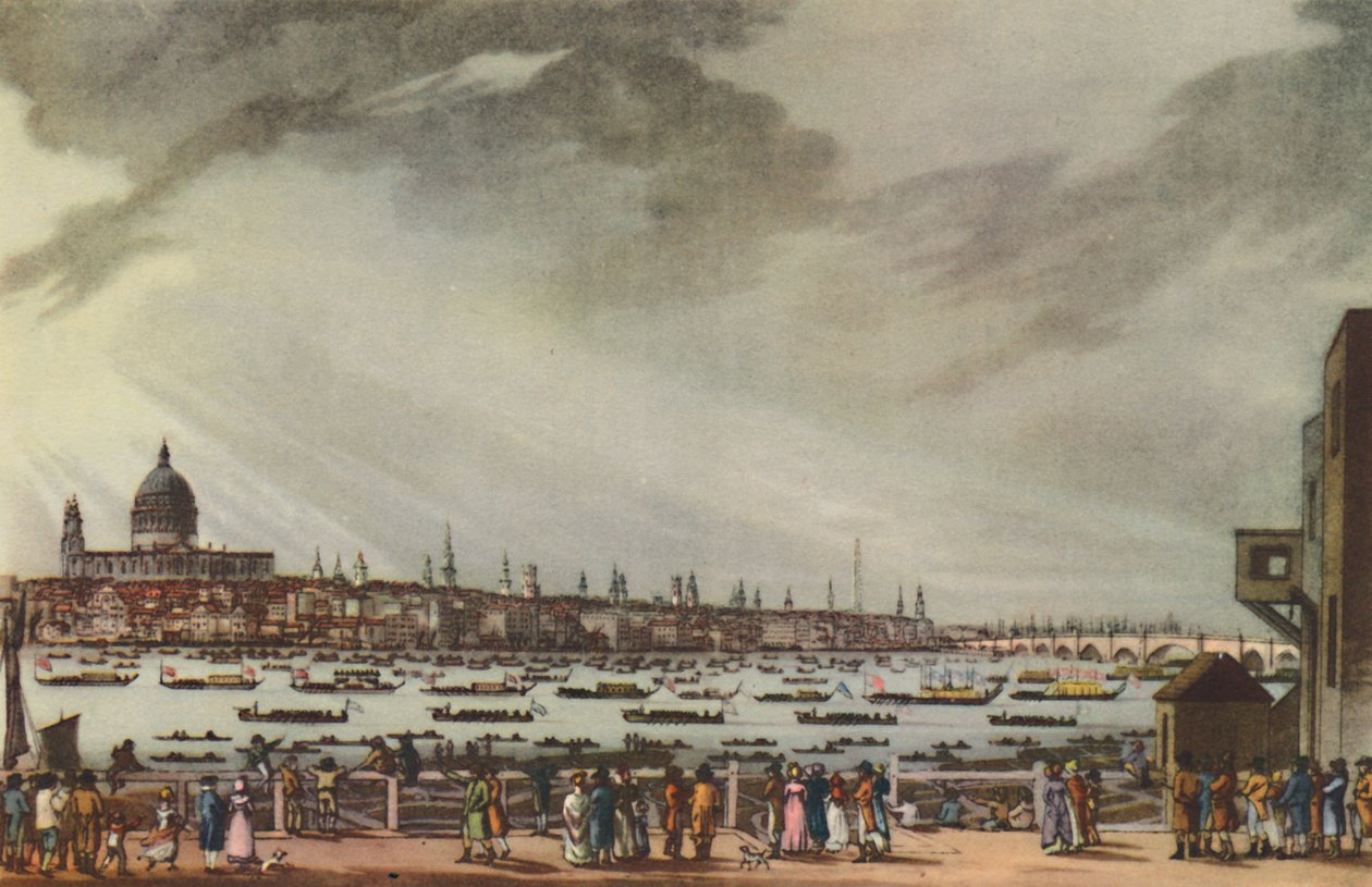 „Kondukt pogrzebowy Lorda Nelsona drogą wodną ze szpitala Greenwich do Whitehall, 9 stycznia 1806 r. autorstwa Henri Merke