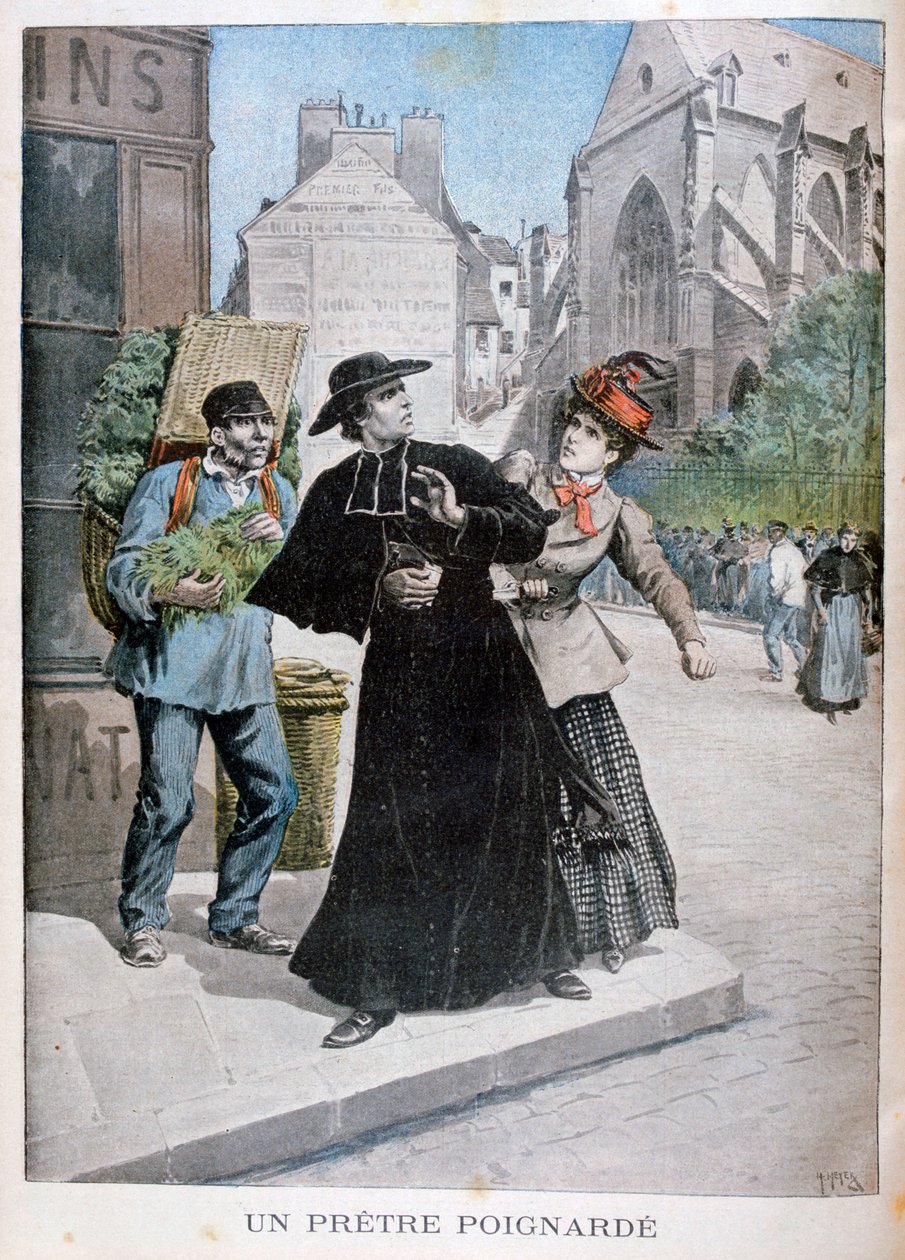 Katolicki ksiądz zostaje dźgnięty nożem przez kobietę na ulicy, Francja, 1897 autorstwa Henri Meyer