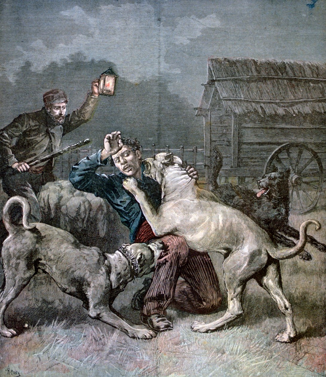 Przestępca zaatakowany przez trzy duże psy, 1891 autorstwa Henri Meyer