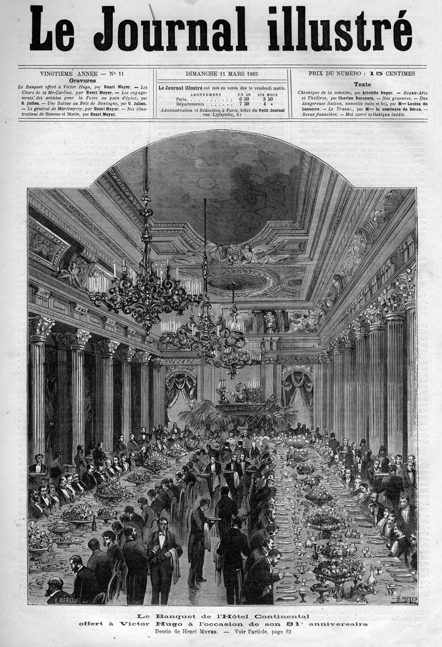 Bankiet ofiarowany Victorowi Hugo w Hotelu Continental z okazji jego 81. urodzin w 1883 r. – Strona tytułowa „” The Illustrous Journal”” z 1883 r. – Rysunek Henri Meyera (1844-1899) autorstwa Henri Meyer