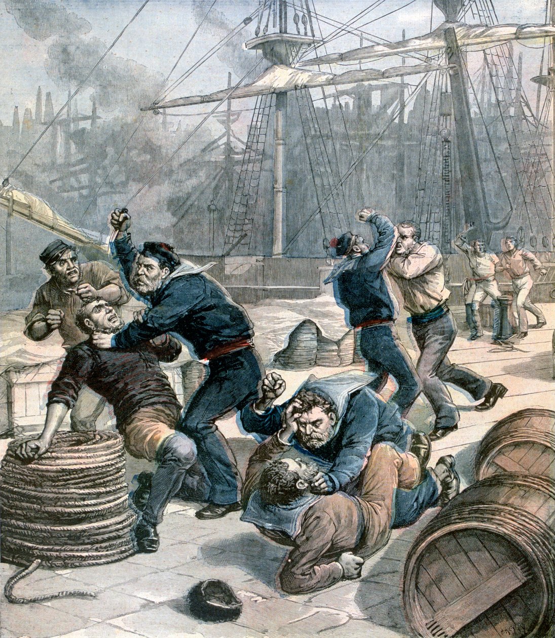 Bójka pomiędzy angielskimi i niemieckimi żeglarzami w Millwall Docks, Londyn, 1892 autorstwa Henri Meyer