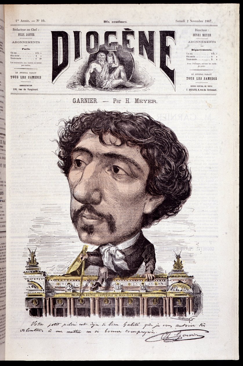 Karykatura Charlesa Garniera, siedzącego na swoim dziele, Opera Garnier - w „Diogenes” z 02.11.1867 autorstwa Henri Meyer