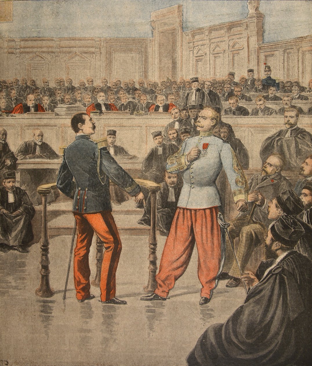 Pułkownik Henry i podpułkownik Picquart przemawiający przed Trybunałem Asesorów, ilustracja z "Le Petit Journal: Supplement illustre", 27 lutego 1898 r. autorstwa Henri Meyer