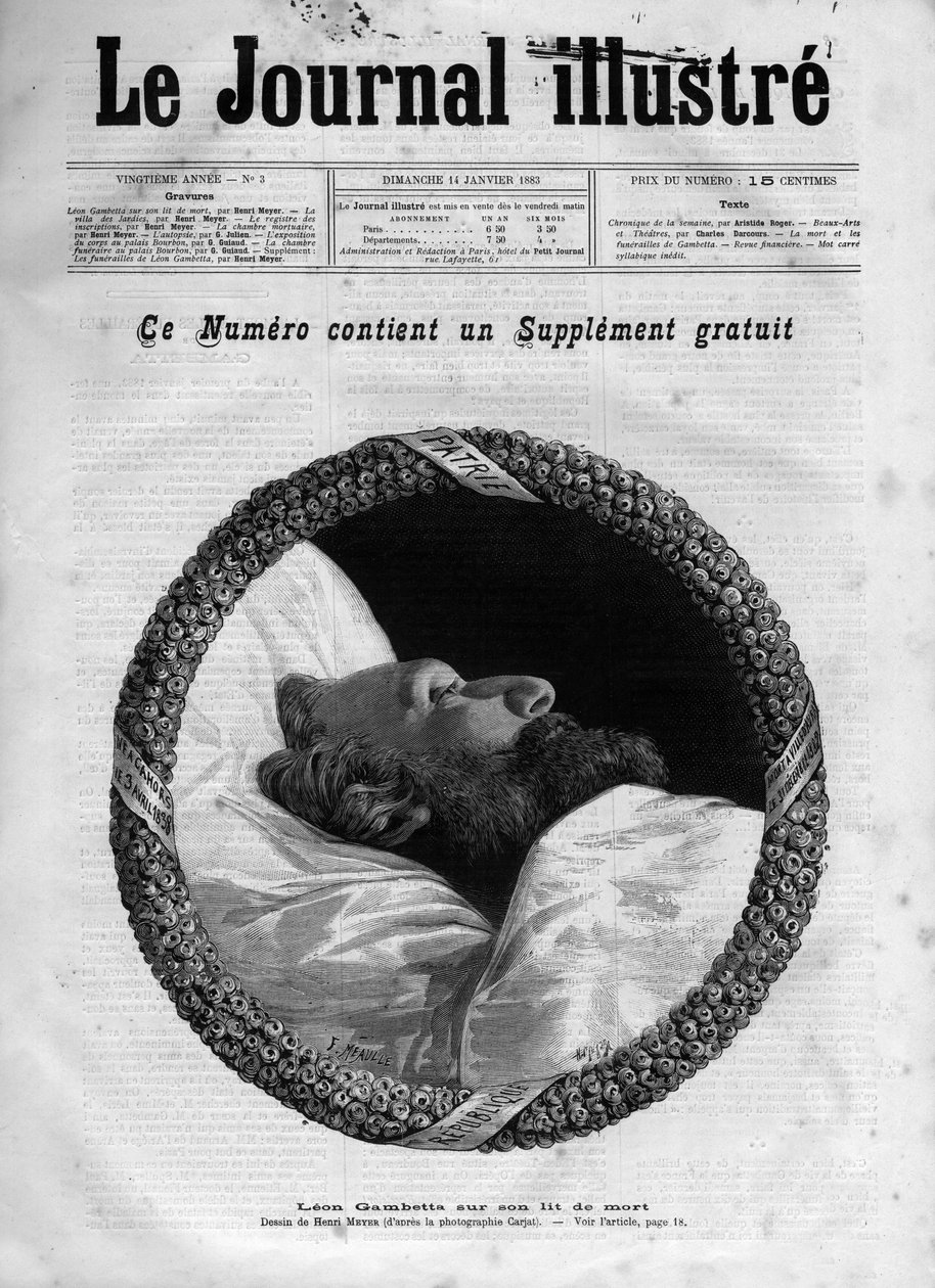 Śmierć Leona Gambetty (1838-1882) Francuski polityk - Leon Gambetta na łożu śmierci w „The Illustrous Journal” z 1883 r. – Rysunek Henri Meyera (1844-1899) autorstwa Henri Meyer