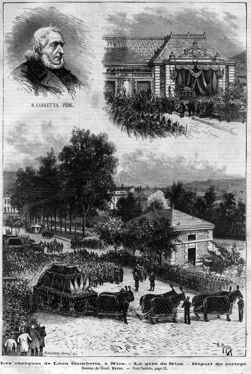 Śmierć Leona Gambetty (1838-1882) Polityk francuski - Pogrzeb Leona Gambetty w Nicei - Dworzec kolejowy w Nicei - wyjazd z procesji - w „Le journal illustrious”” z 1883 r. - Rysunek Henri Meyera (1844-1899) autorstwa Henri Meyer