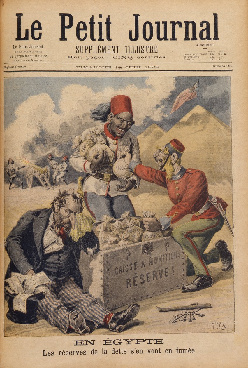 Egipt: rezerwy długu rosną w dym, ilustracja z Le Petit Journal, 14 czerwca 1896 autorstwa Henri Meyer