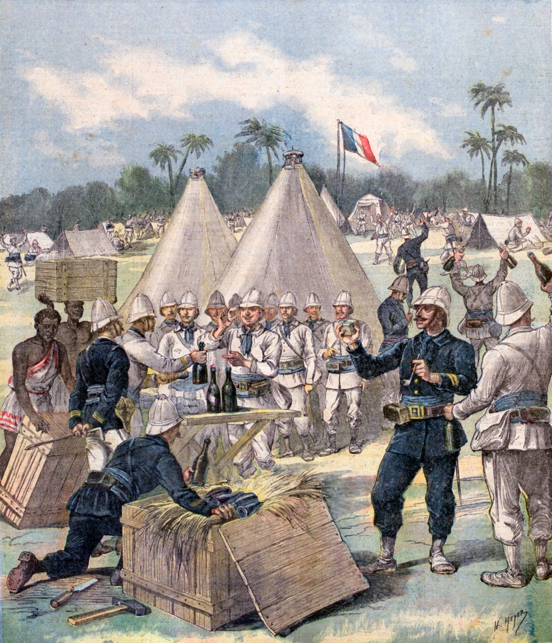 Francuscy żołnierze otwierają noworoczne pudełka z prezentami w Dahomeju, Afryka, 1892 r. autorstwa Henri Meyer
