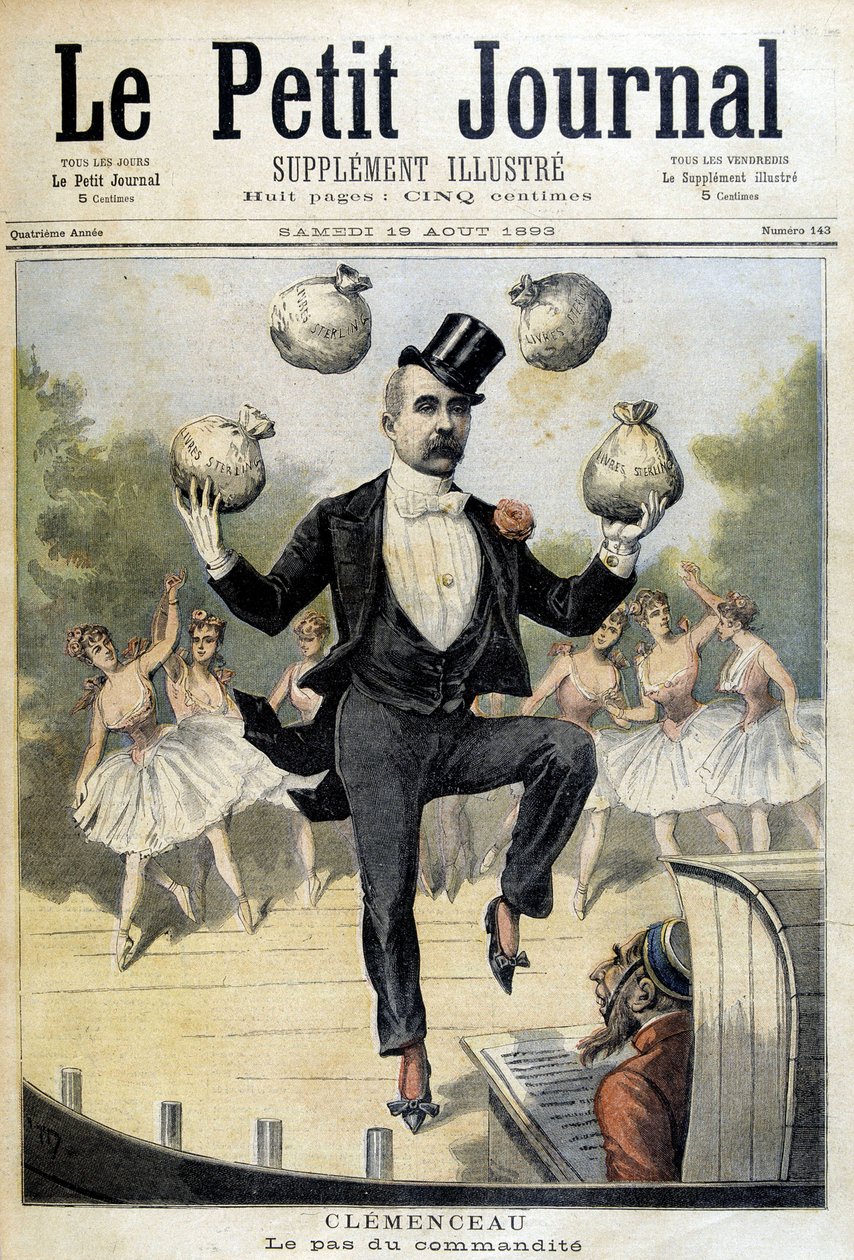Georges Clemenceau żonglujący funtami - w „Le Petite Journal” z 19.08.1893 autorstwa Henri Meyer
