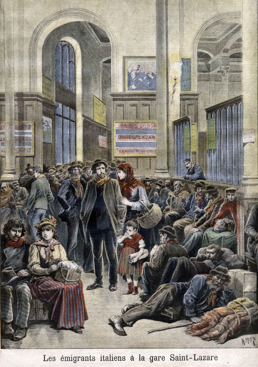 Włoscy emigranci na stacji St Lazarus (Święty Łazarz) (Święty Łazarz) - w "The Petity Journal", marzec 1896 r. autorstwa Henri Meyer