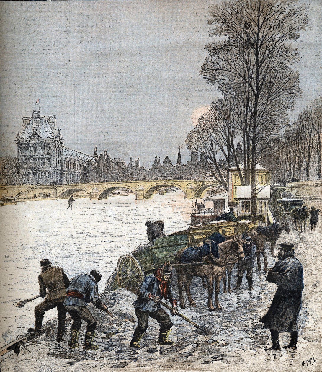 Paryż pod śniegiem w 1895 r. Mała gazeta z 1895 r. (rycina) autorstwa Henri Meyer