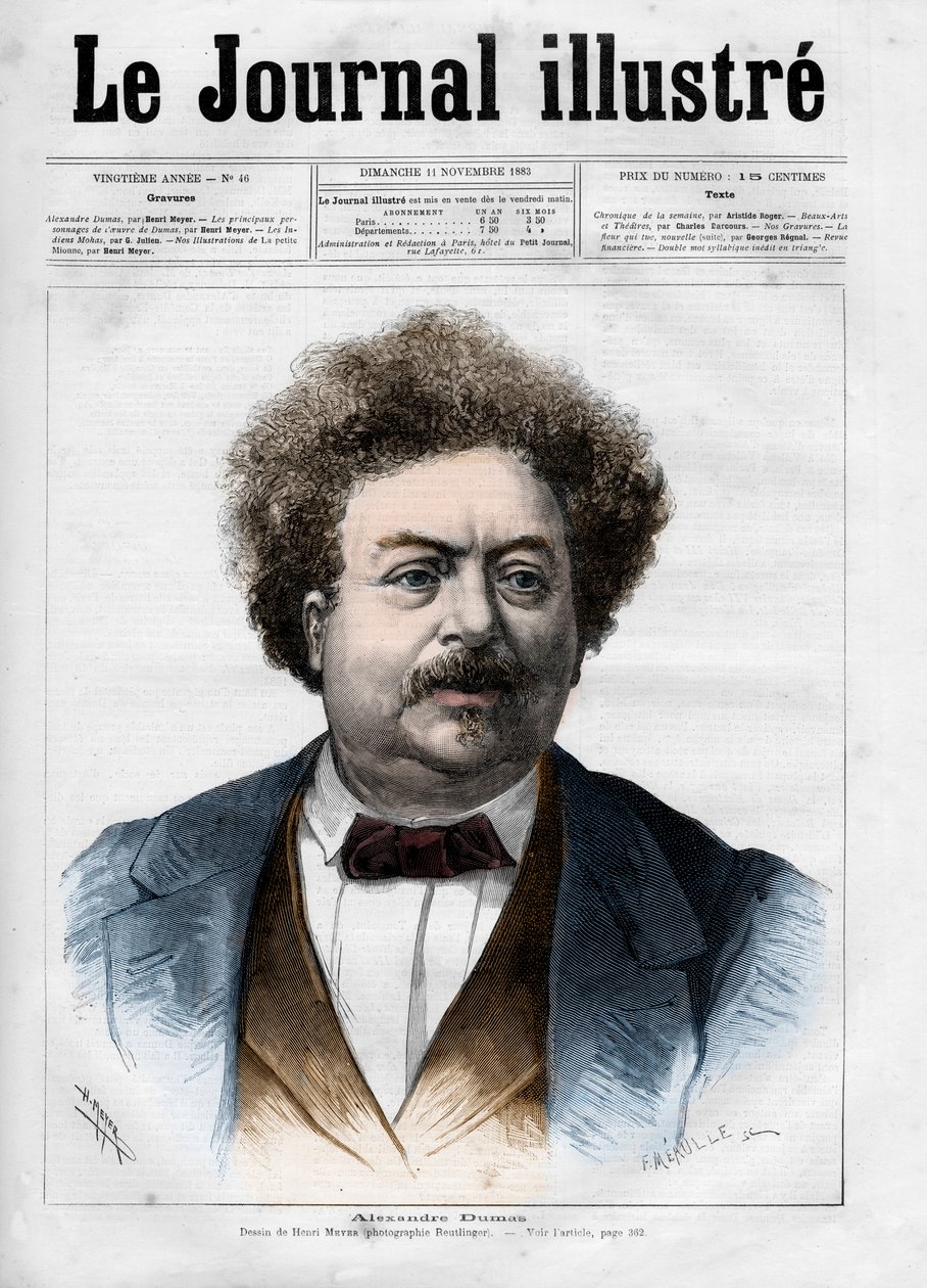 Portret Alexandre Dumas pere (1802-1870) Strona tytułowa „The Illustrous Journal” z 1883 r. – Rysunek Henri Meyera (1844-1899) autorstwa Henri Meyer
