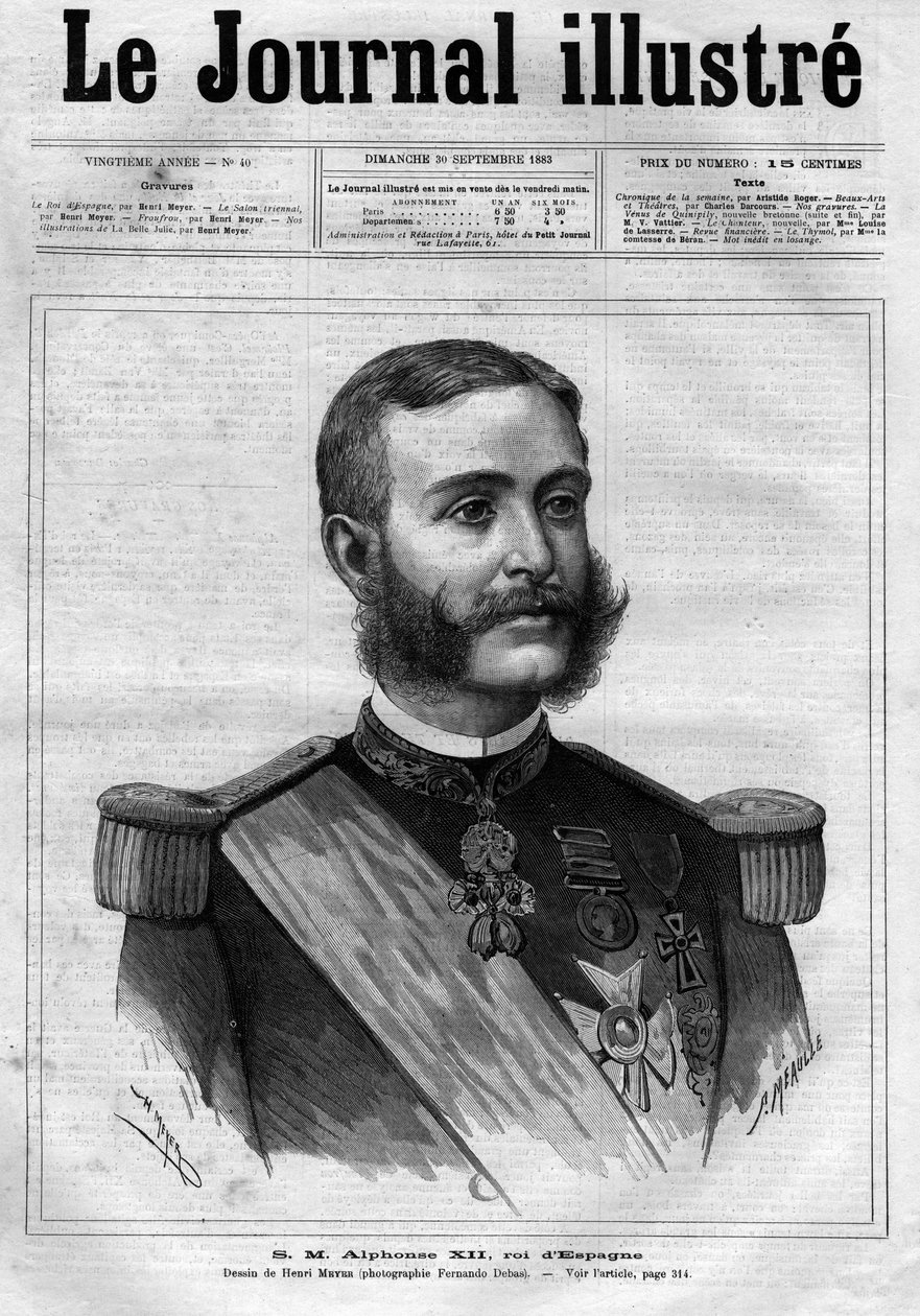 Portret Alfonsa XII Hiszpanii (Alfonsa XII) (1857-1885), króla Hiszpanii - Strona tytułowa „The Illustrous Diary” z 1883 r. - Rysunek Henri Meyera (1844-1899) autorstwa Henri Meyer