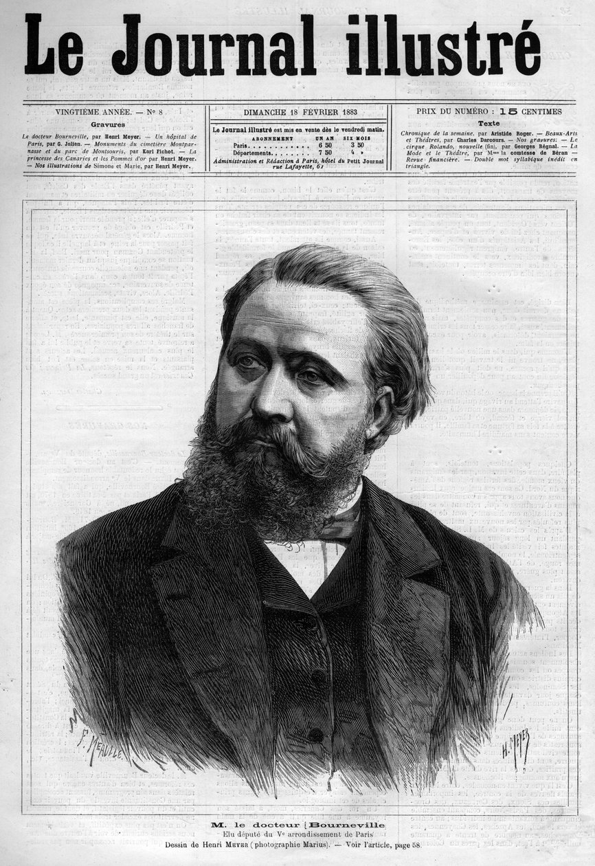 Portrait of Desire Magloire Bourneville (1840-1909), francuski lekarz neurolog – Strona tytułowa „Le journal illustrious”” z 1883 r. – Rysunek Henri Meyera (1844-1899) autorstwa Henri Meyer