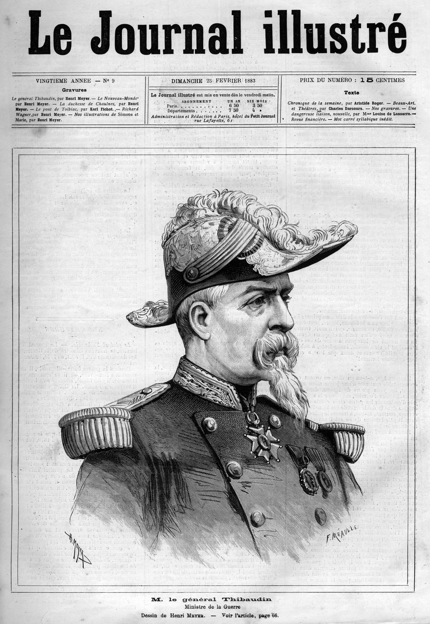 Portret Jeana Thibaudina, francuskiego generała i polityka (1822-1905) - Okładka „The Illustrous Journal” z 1883 r. - Rysunek Henri Meyera (1844-1899) autorstwa Henri Meyer