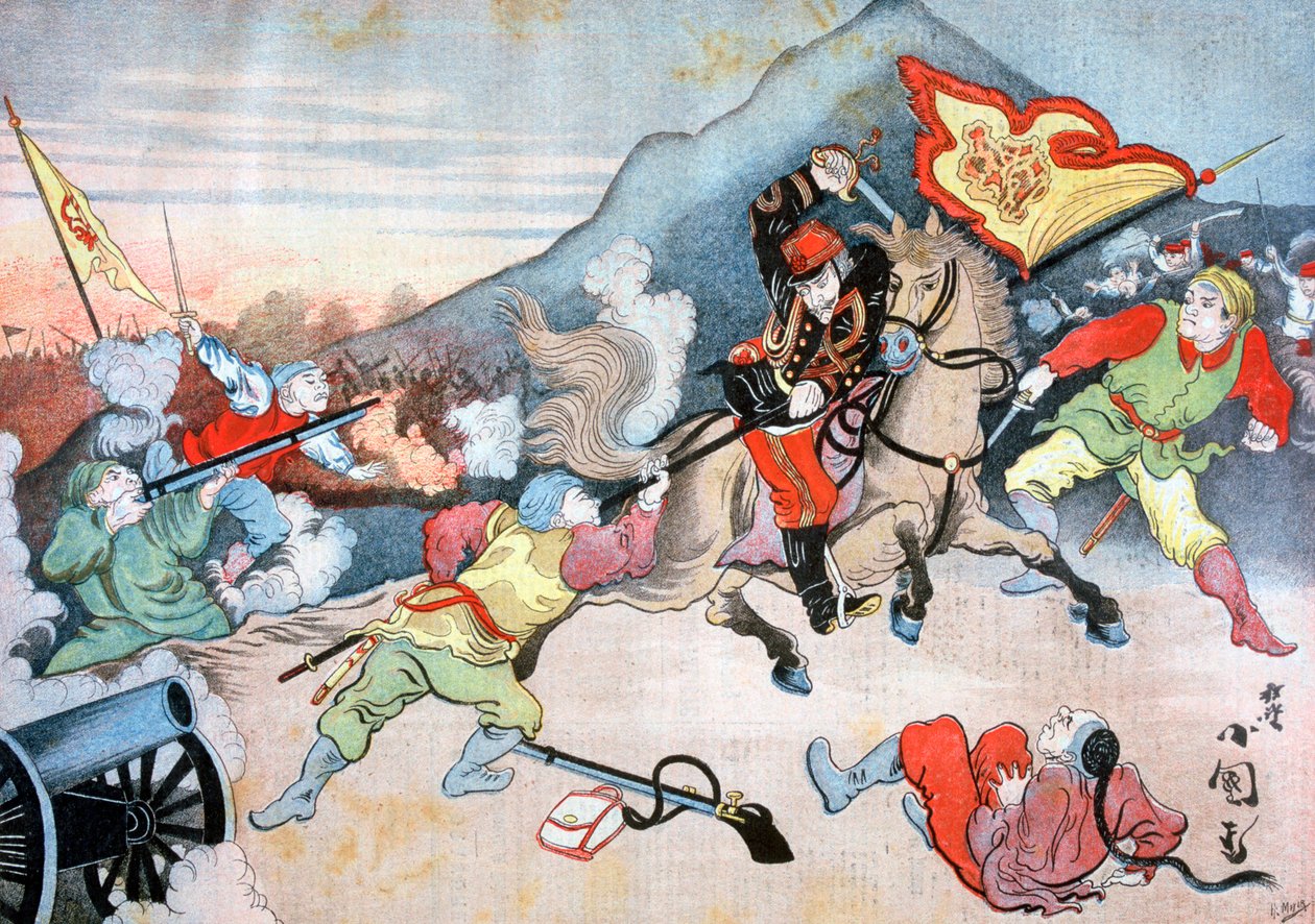 Podjęcie chińskiej flagi przez japońskiego oficera, 1894 autorstwa Henri Meyer