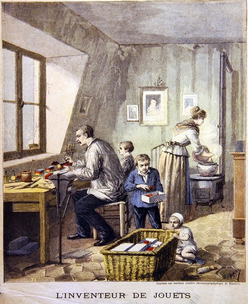 Wynalazca zabawek, koniec XIX wieku (chromo litho) autorstwa Henri Meyer